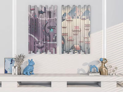 Wooden Slat Decorative Panels With Colorful Abstract Patterns Shelf Blue Animal Golden Figurines Books And Plant 3d model