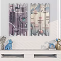 Wooden Slat Decorative Panels With Colorful Abstract Patterns Shelf Blue Animal Golden Figurines Books And Plant
