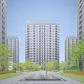 Modern High Rise Residential Building Surrounded By Greenery Trees Lawn And Sculpture