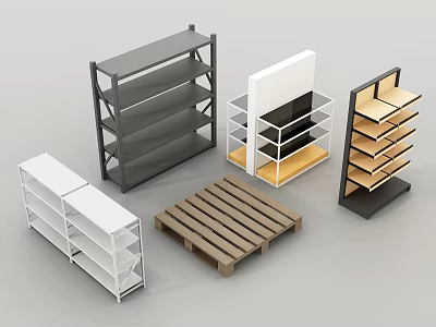 Various Display Shelves With Multi Tiered Open Design And Wooden Pallet Style 3d model