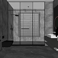Modern Bathroom Interior Design With Gray Tiles Glass Shower Double Vanity And Round Mirror Lights