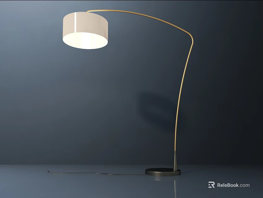 Modern Floor Lamp With White Lampshade Gold Curved Pole And Black Base 3d model 