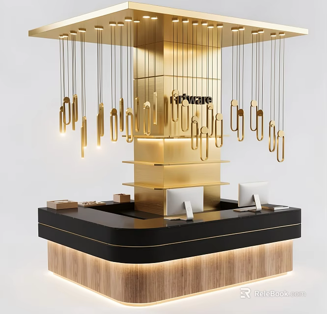 Modern Store Front Desk With Golden Structure Hanging Lights Black Countertop Wooden Base And Computers 3d model 