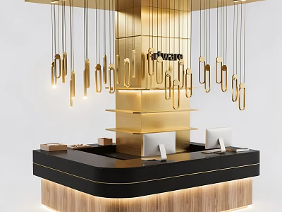 Modern Store Front Desk With Golden Structure Hanging Lights Black Countertop Wooden Base And Computers 3d model