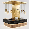 Modern Store Front Desk With Golden Structure Hanging Lights Black Countertop Wooden Base And Computers