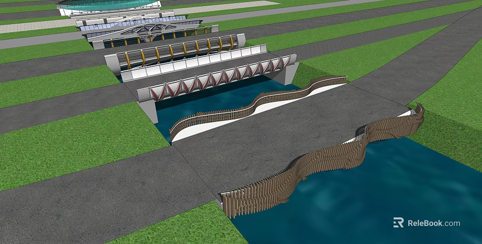 Modern Landscape Bridge Design Over Water With Green Grass And Paths 3d model 