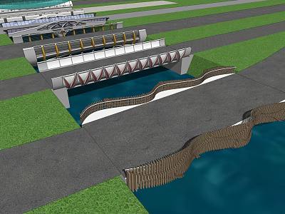 Modern Landscape Bridge Design Over Water With Green Grass And Paths 3d model