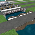 Modern Landscape Bridge Design Over Water With Green Grass And Paths
