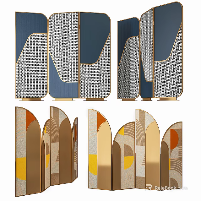 Modern Room Divider With Geometric Patterns Blue Gray Panels And Gold Metal Frames 3d model 
