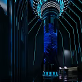 Futuristic KTV Interior Design With Blue Lighting Decorative Pillars And Reflective Floors