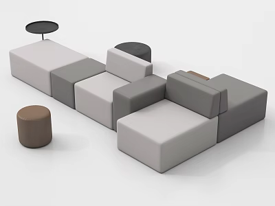 Modern Abstract Modular Sofa With Gray White Upholstery And Brown Stool 3d model