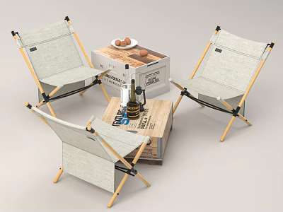 Outdoor Table Setup With Folding Chairs Wooden Crate Bottles Cups And Fruit Plate 3d model