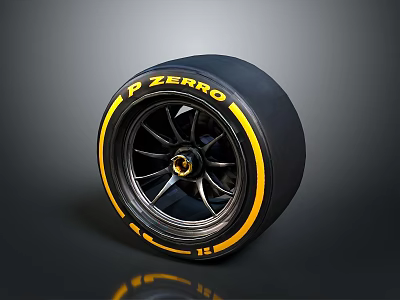 Car Performance Tire with P ZERO Brand Black Rubber and Yellow Stripe Design 3d model