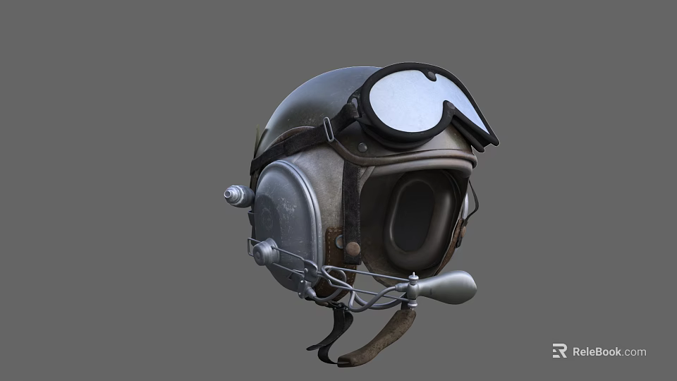 Classic Vintage Aviator Helmet With Leather Straps Goggles Headphones And Microphone 3d model 