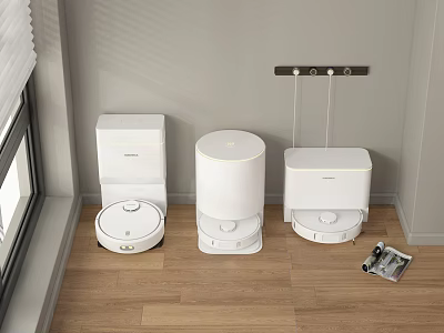Household Appliances Including Three White Robotic Vacuum Cleaners On Indoor Wooden Floor 3d model
