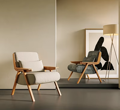 Modern Interior Design With Light Dark Colored Upholstered Armchairs Wooden Armrests Floor Lamp Decorative Painting 3d model