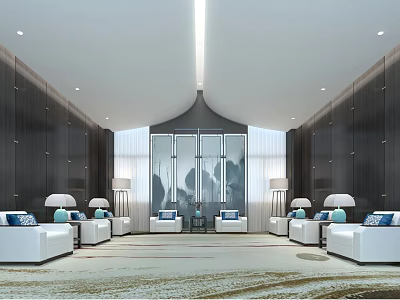 Modern Hotel Public Lounge Area With White Sofas Wooden Walls Large Windows And Decorative Lamps 3d model