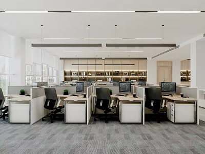 Modern Public Office Space Interior With Cubicles Computers Office Chairs And Potted Plants 3d model