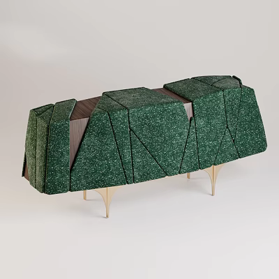 Green Modern TV Stand With Unique Geometric Paneling And Metal Legs 3d model