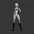 Futuristic Female Character With Silver Hair In White Bodysuit Standing Pose Gray Gradient Background
