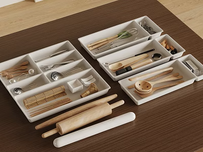Organized Kitchen Utensil Set With Wooden Spoons Chopsticks And Storage Trays On Wooden Tabletop 3d model