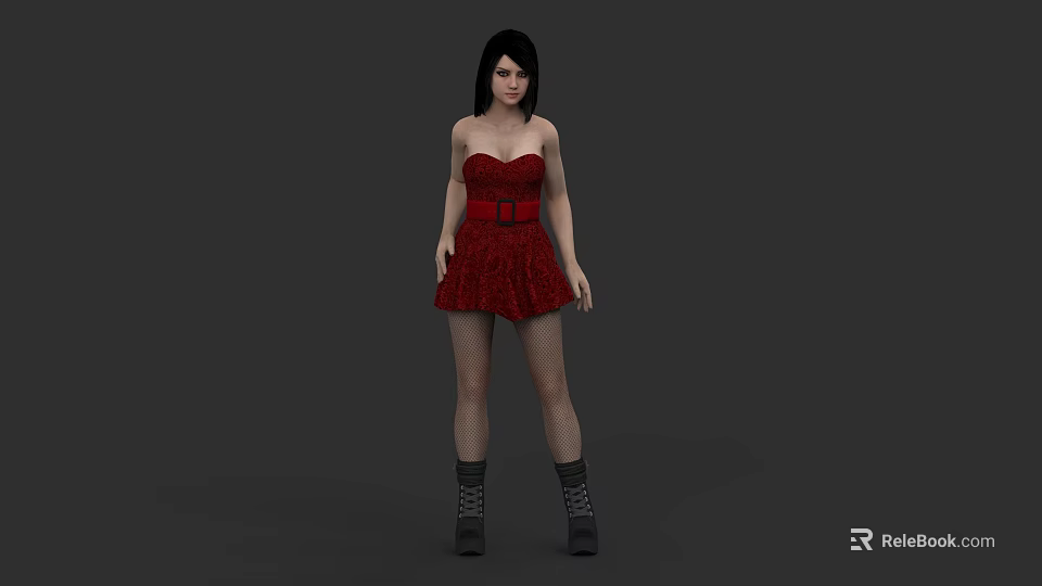 Game Movie Character in Red Strapless Dress with Black Boots and Fishnet Stockings 3d model 