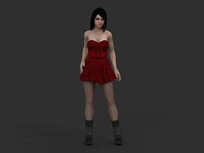 Game Movie Character in Red Strapless Dress with Black Boots and Fishnet Stockings 3d model