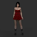 Game Movie Character in Red Strapless Dress with Black Boots and Fishnet Stockings