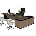 Modern Office Desk Wooden Top Black Chair White Seats Computer Monitor and Vase Plant