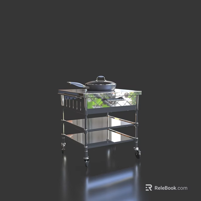 Stainless Steel Kitchen Appliance Cart With Pot Spatula And Storage Shelves 3d model 