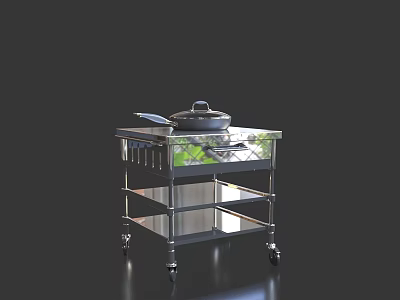 Stainless Steel Kitchen Appliance Cart With Pot Spatula And Storage Shelves 3d model