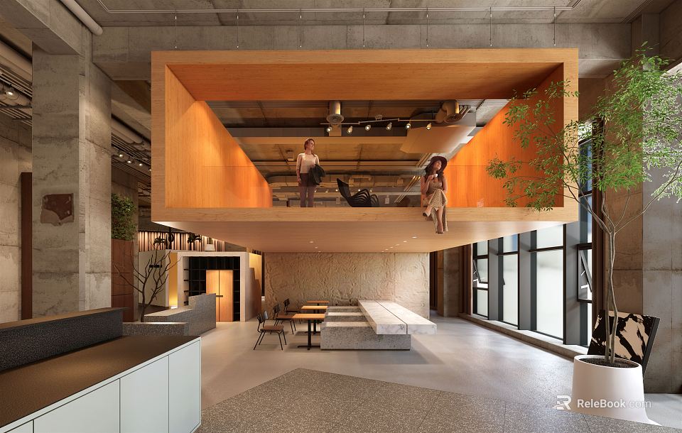 Modern Exhibition Hall Interior Design With Open Layout Wooden Structures And Green Plants 3d model 