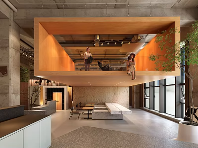 Modern Exhibition Hall Interior Design With Open Layout Wooden Structures And Green Plants 3d model