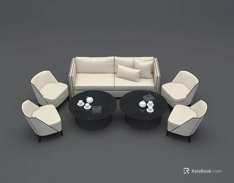 Modern Sofa And Coffee Table Set With Round Black Tables And Accent Chairs 3d model