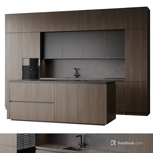 Modern Kitchen Interior Design With Dark Wooden Cabinets Stone Countertop And Island 3d model 