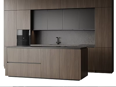 Modern Kitchen Interior Design With Dark Wooden Cabinets Stone Countertop And Island 3d model