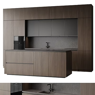 Modern Kitchen Interior Design With Dark Wooden Cabinets Stone Countertop And Island 3d model