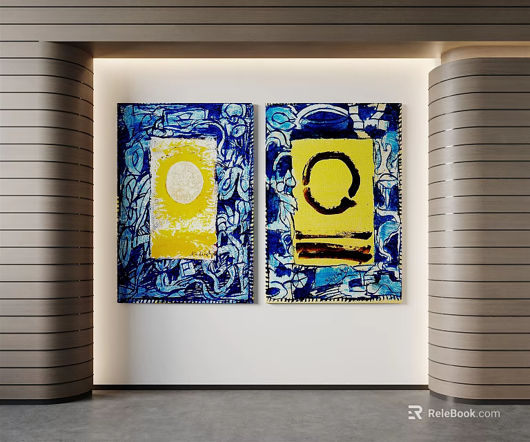 Abstract Blue And Yellow Paintings With Circular Patterns As Modern Interior Wall Decor 3d model