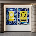 Abstract Blue And Yellow Paintings With Circular Patterns As Modern Interior Wall Decor 3d model