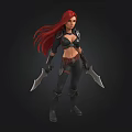 Red Haired Female Warrior 3D Character In Black Combat Outfit With Dual Blades