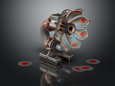Vintage Gramophone With Metallic Decorations And Colorful Design On Base With Vinyl Records 3d model