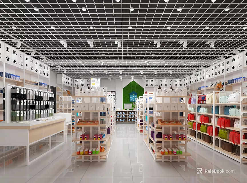 Spacious Well Lit Retail Store With Grid Ceiling And Colorful Product Shelves 3d model 