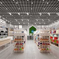 Spacious Well Lit Retail Store With Grid Ceiling And Colorful Product Shelves