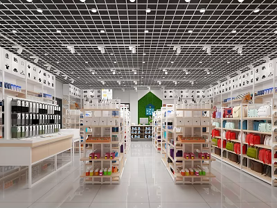 Spacious Well Lit Retail Store With Grid Ceiling And Colorful Product Shelves 3d model
