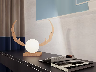 Modern Wooden Antler Table Lamp With White Globe Shade On Black Desk 3d model
