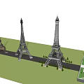 Multiple Eiffel Tower Replicas with Various Designs Displayed on Green Lawn 3d model