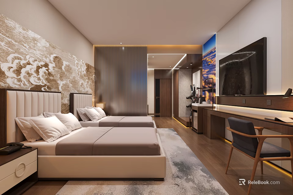 Hotel Guest Room With Twin Beds Upholstered Headboards Wall Decor Flat Screen TV Desk Chair 3d model 