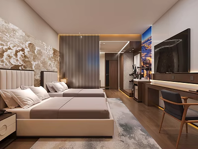 Hotel Guest Room With Twin Beds Upholstered Headboards Wall Decor Flat Screen TV Desk Chair 3d model