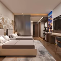 Hotel Guest Room With Twin Beds Upholstered Headboards Wall Decor Flat Screen TV Desk Chair