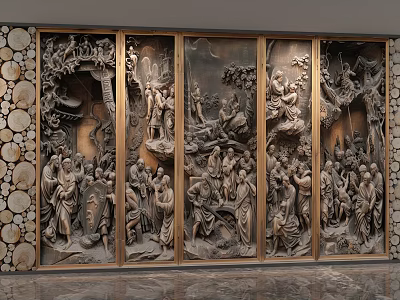 Intricately Carved Wooden Background Wall With Golden Frame And Figurative Scenes 3d model